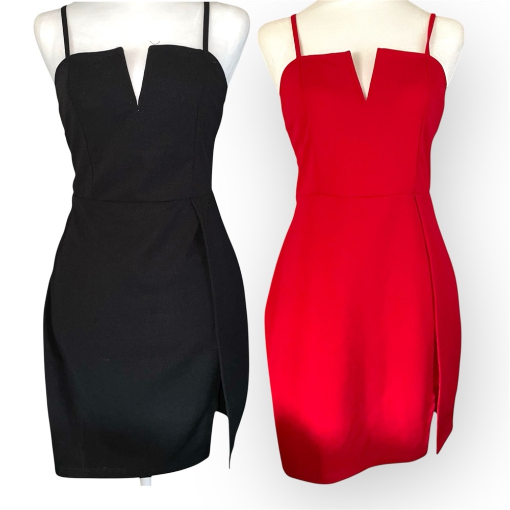 Two SHEIN BAE Notch Neck Split Hem Solid Dress Size M Black+Red